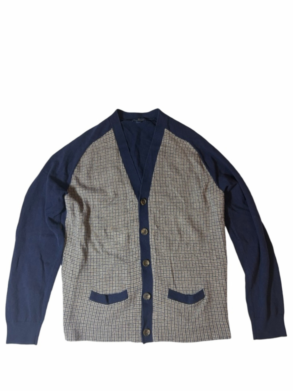 Brooks Brothers Cotton Cashmere Houndstooth Front Cardigan Navy Blue Sweater L